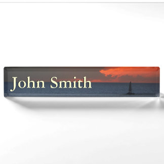 Sunset Clouds and Sailboat Seascape Nameplate