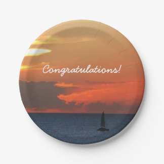 Sunset Clouds and Sailboat Seascape Paper Plate
