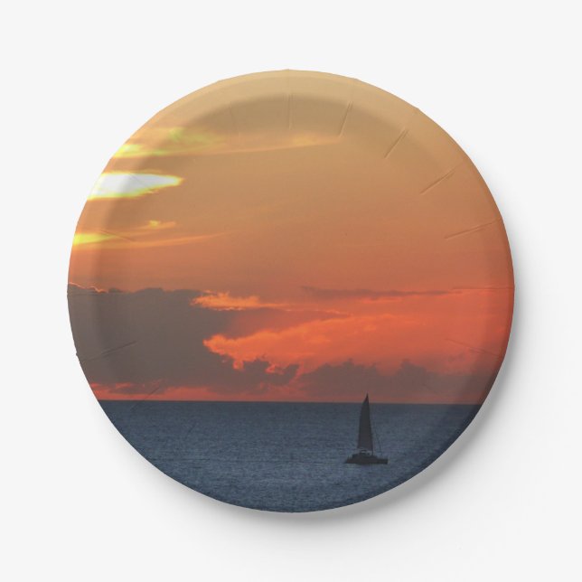 Sunset Clouds and Sailboat Seascape Paper Plate (Front)