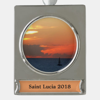 Sunset Clouds and Sailboat Seascape Silver Plated Banner Ornament