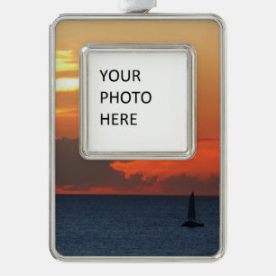 Sunset Clouds and Sailboat Seascape Silver Plated Framed Ornament