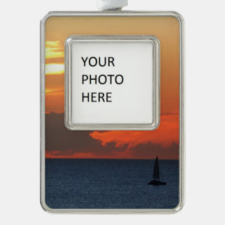 Sunset Clouds and Sailboat Seascape Silver Plated Framed Ornament