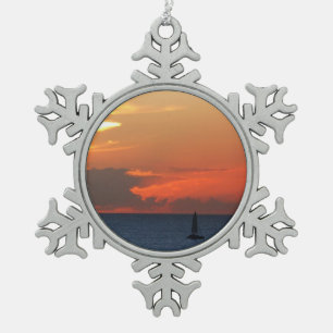 Sunset Clouds and Sailboat Seascape Snowflake Pewter Christmas Ornament