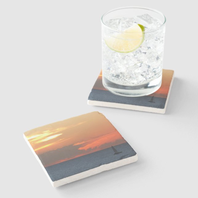Sunset Clouds and Sailboat Seascape Stone Coaster (Side)