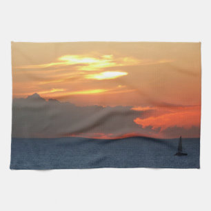 Sunset Clouds and Sailboat Seascape Tea Towel