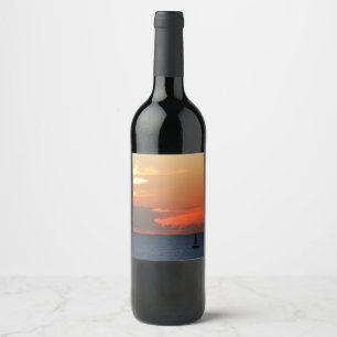 Sunset Clouds and Sailboat Seascape Wine Label