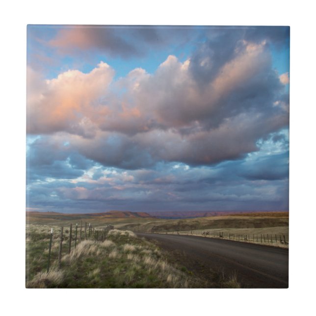Sunset Clouds Over Gravel Zumwalt Prairie Road Tile (Front)