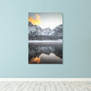 Sunset clouds over mountains at Lake Fusine, Italy Canvas Print
