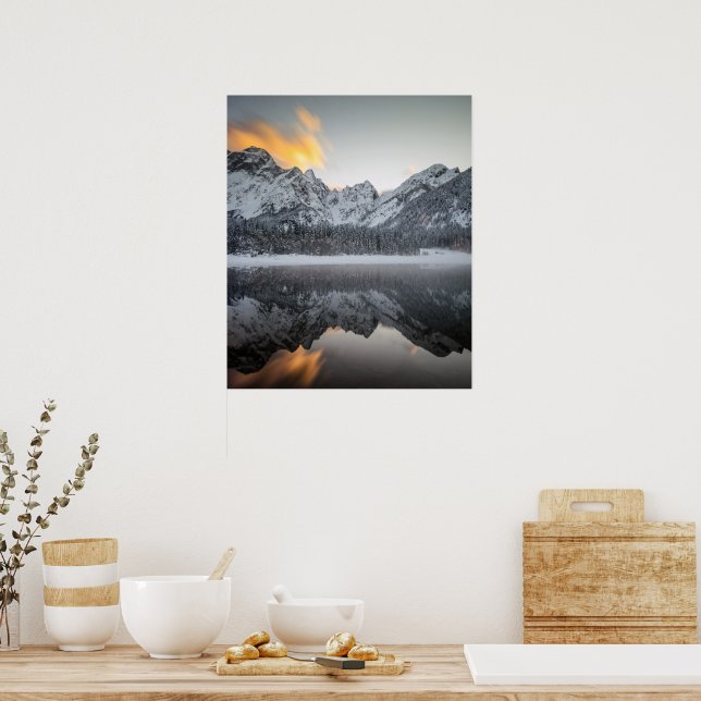 Sunset clouds over mountains at Lake Fusine, Italy Poster (Kitchen)