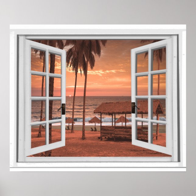 Sunset Coast Beach Ocean Fake Window View Poster (Front)
