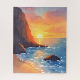 Sunset Coast Beach Ocean Waves Jigsaw Puzzle