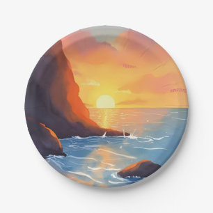 Sunset Coast Beach Ocean Waves Paper Plate