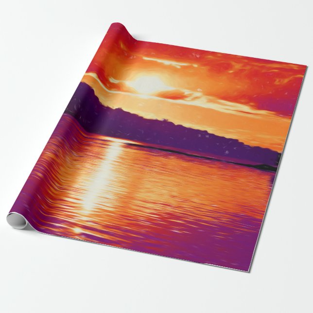 Sunset Coastal Beach Orange Purple Art Decoupage Wrapping Paper (Unrolled)