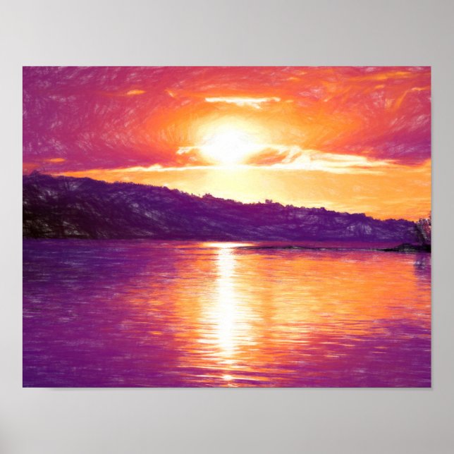 Sunset Coastal Beach Orange Purple Art Poster (Front)