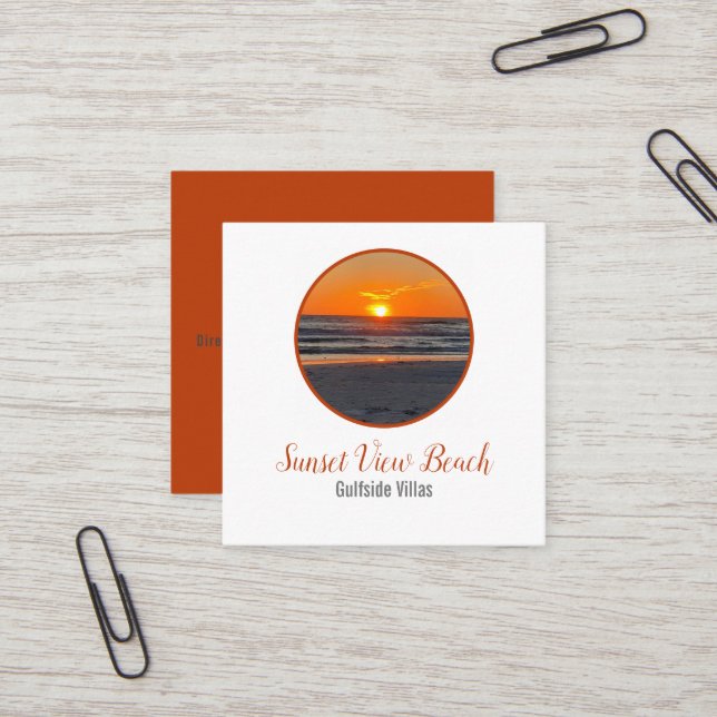 Sunset Coastal Beach Resort Square Business Card (Front/Back In Situ)