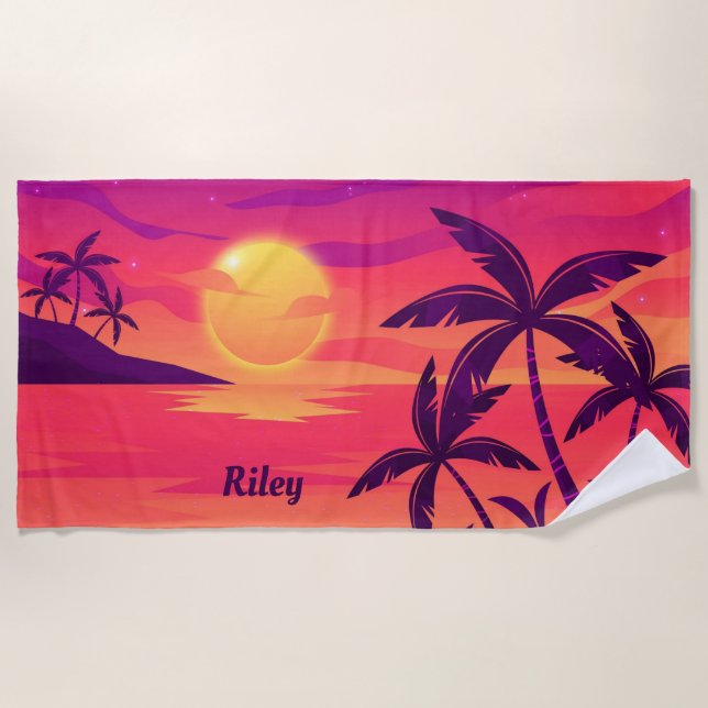 Sunset Coastal Palm Trees Personalised Beach Towel (Front)