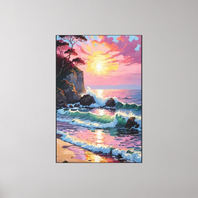 Sunset Coastal Scene with Cliffs and Waves   Canvas Print (Front)