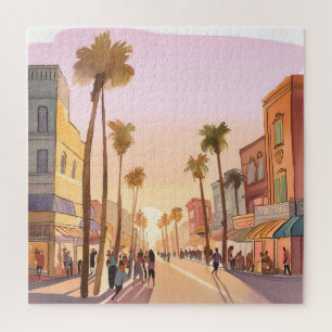 Sunset Coastal Town   Palm Tree Coastal Watercolor Jigsaw Puzzle