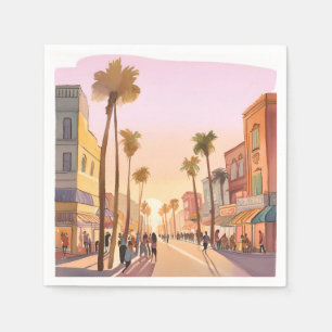 Sunset Coastal Town Palm Tree Coastal Watercolor Napkin