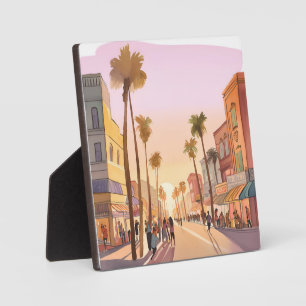 Sunset Coastal Town Palm Tree Coastal Watercolor Plaque