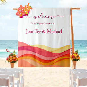 Sunset Colour Waves Modern Wedding Sign Tapestry