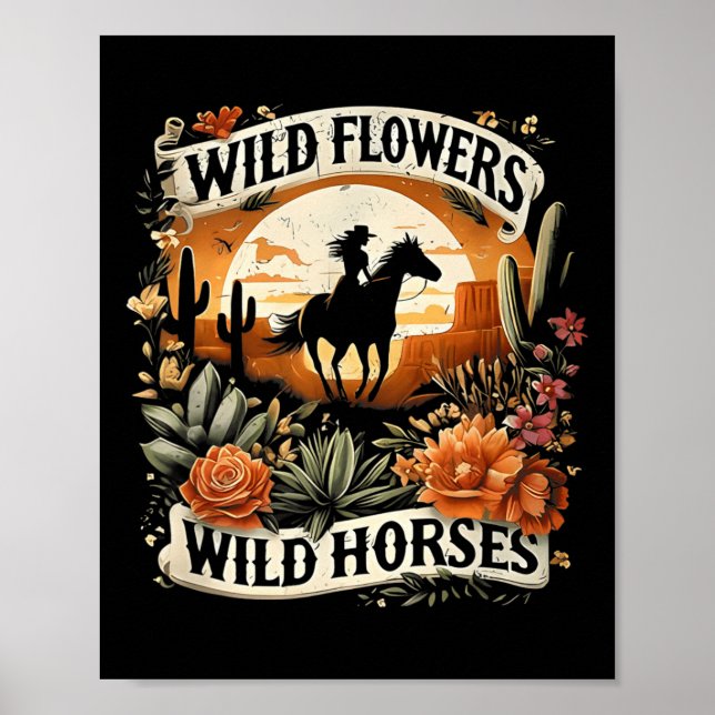 Sunset Cowgirl Riding Horse Wild Flowers - Wild Ho Poster (Front)