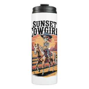 Sunset Cowgirl Skeleton Riding Horse Thermal Tumbler