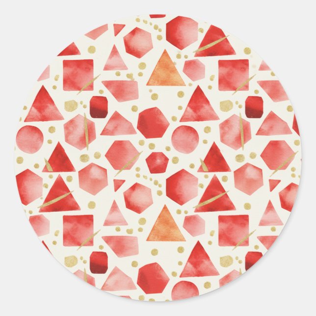 Sunset Crimson & Rust Watercolor Geometric Pattern Classic Round Sticker (Front)