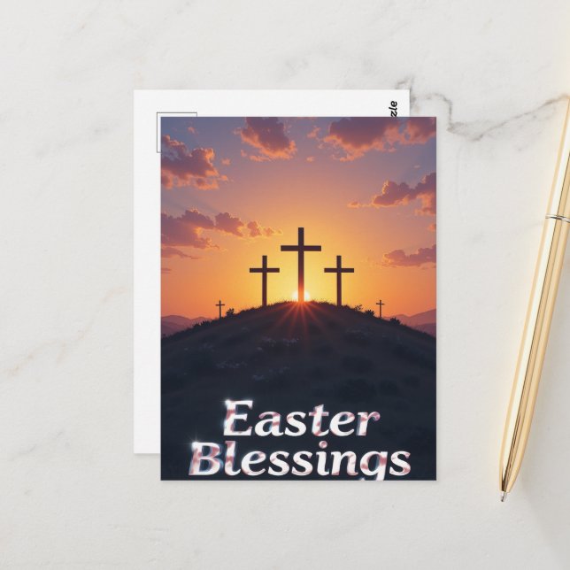 Sunset Cross Easter Blessings  Postcard (Front/Back In Situ)