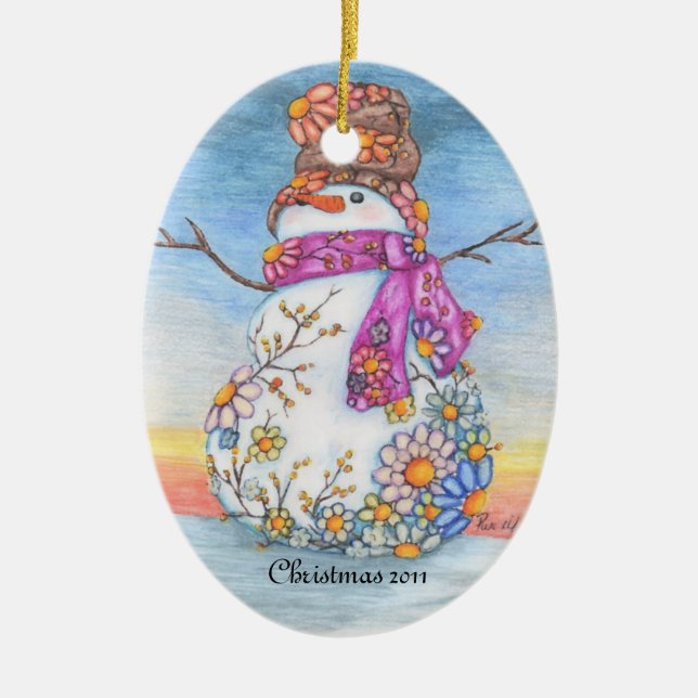 Sunset Daisy Snowman Ceramic Tree Decoration (Front)