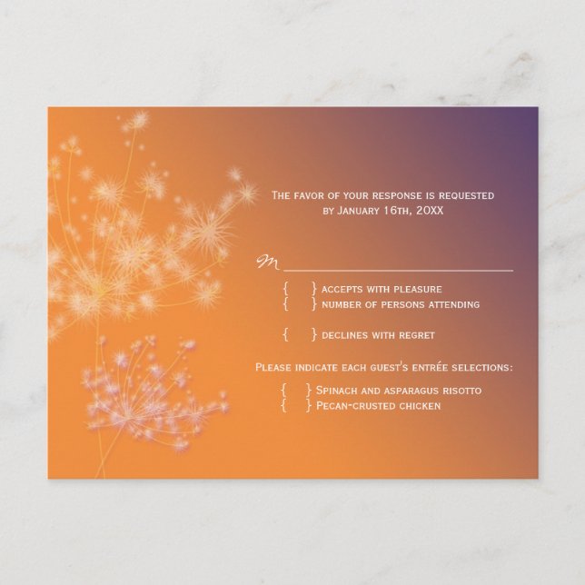 Sunset Dandelions Wedding Menu Choice RSVP (Front)