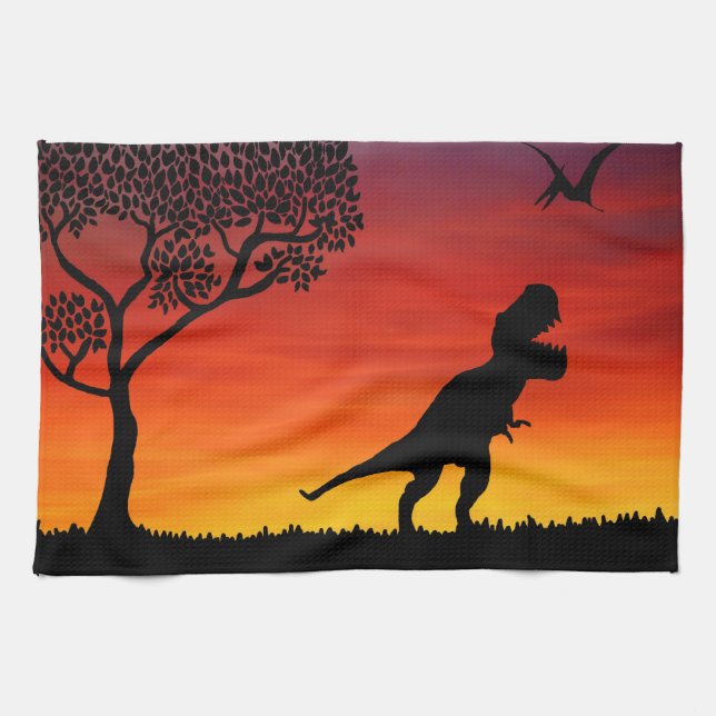 Sunset Dinosaur Scene Kitchen Towel (Horizontal)
