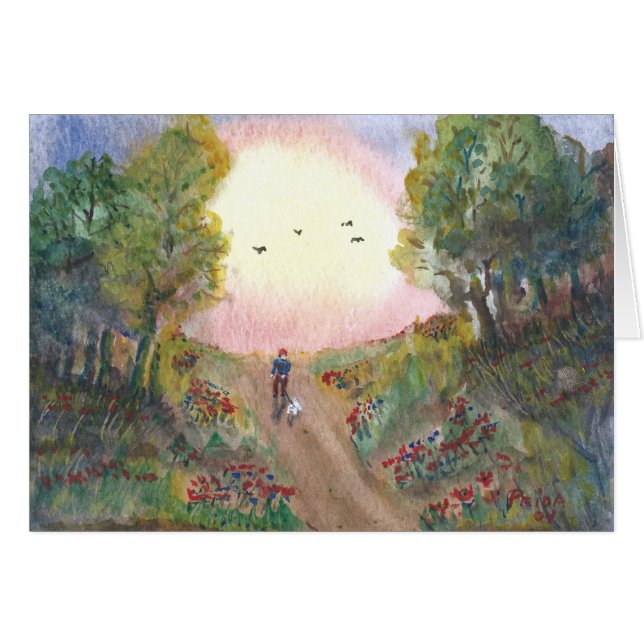 Sunset Dog Walk Watercolor Painting (Front Horizontal)