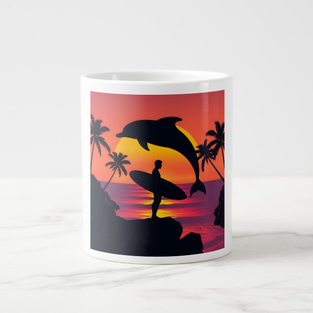 Sunset Dolphin and Surfer Tropical Beach Coffee Mu Large Coffee Mug (Front)