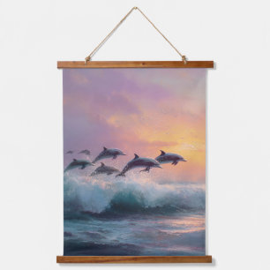 Sunset Dolphins Surfing Ocean Wave Tapestry