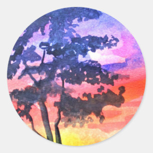Sunset Dreaming landscape watercolor art Classic Round Sticker