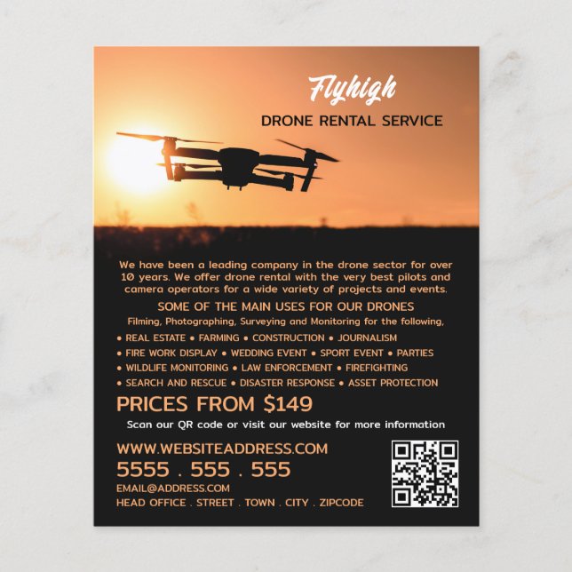 Sunset Drone Silhouette, Drone Rental Company Flyer (Front)