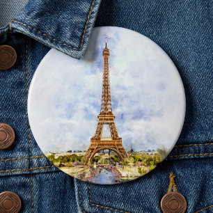 Sunset Eiffel Tower Paris French Watercolor 6 Cm Round Badge