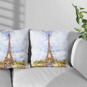 Sunset Eiffel Tower Paris French Watercolor Cushion