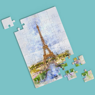 Sunset Eiffel Tower Paris French Watercolor Jigsaw Puzzle
