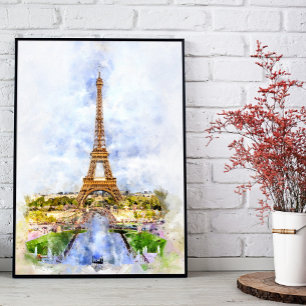 Sunset Eiffel Tower Paris French Watercolor Photo Print