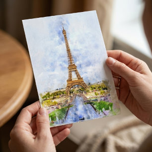 Sunset Eiffel Tower Paris French Watercolor Postcard