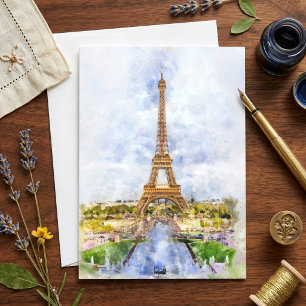 Sunset Eiffel Tower Paris French Watercolor Thank You Card