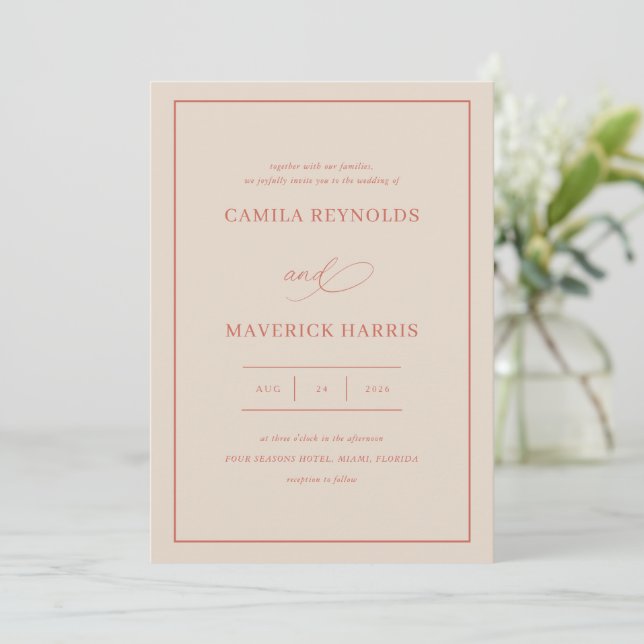 Sunset Elegant Calligraphy Wedding  Invitation (Standing Front)