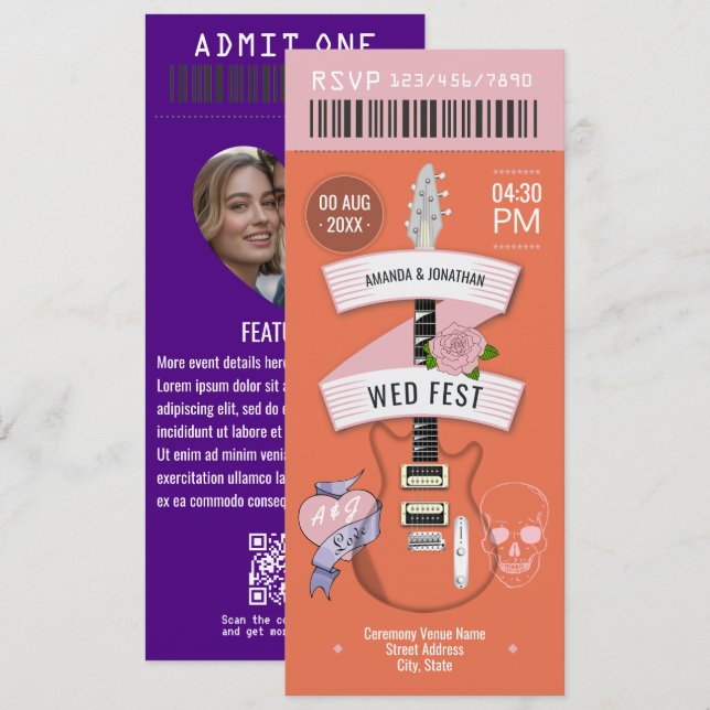 Sunset Festival Rock ’n’ Roll Wedding Ticket Invitation (Front/Back)