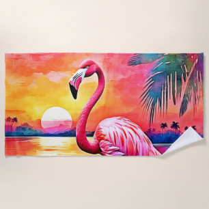 Sunset Flamingo Art Design Beach Towel