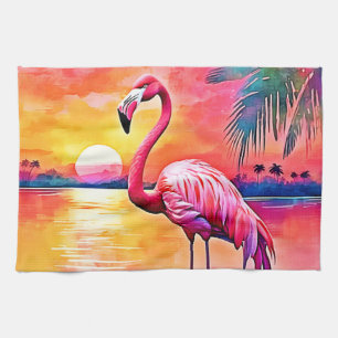 Sunset Flamingo Art Design Tea Towel