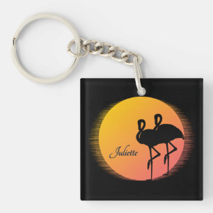 Sunset Flamingos Personal with Name Key Ring