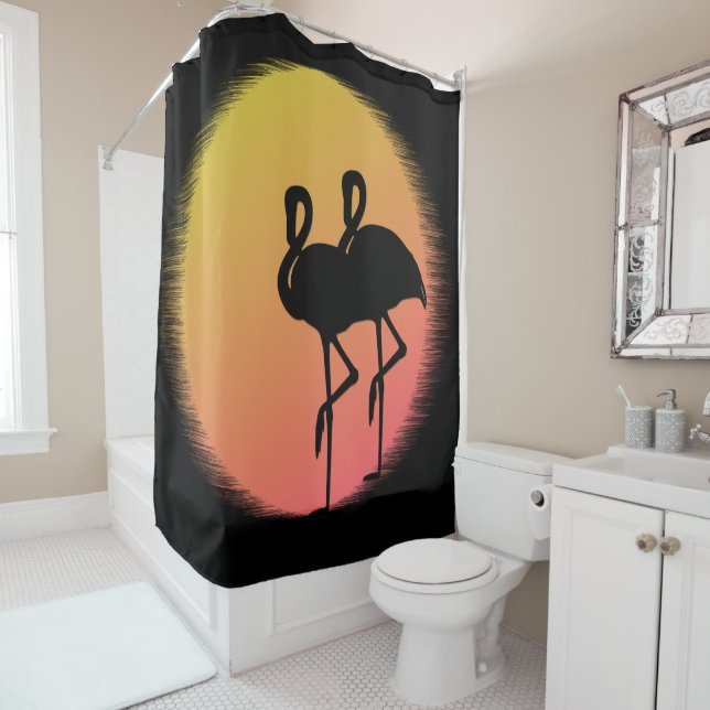 Sunset Flamingos Shower Curtain (In Situ)