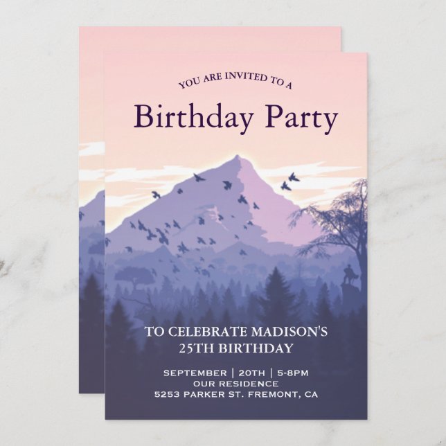 Sunset Forest Mountain Birthday Party Invitation (Front/Back)